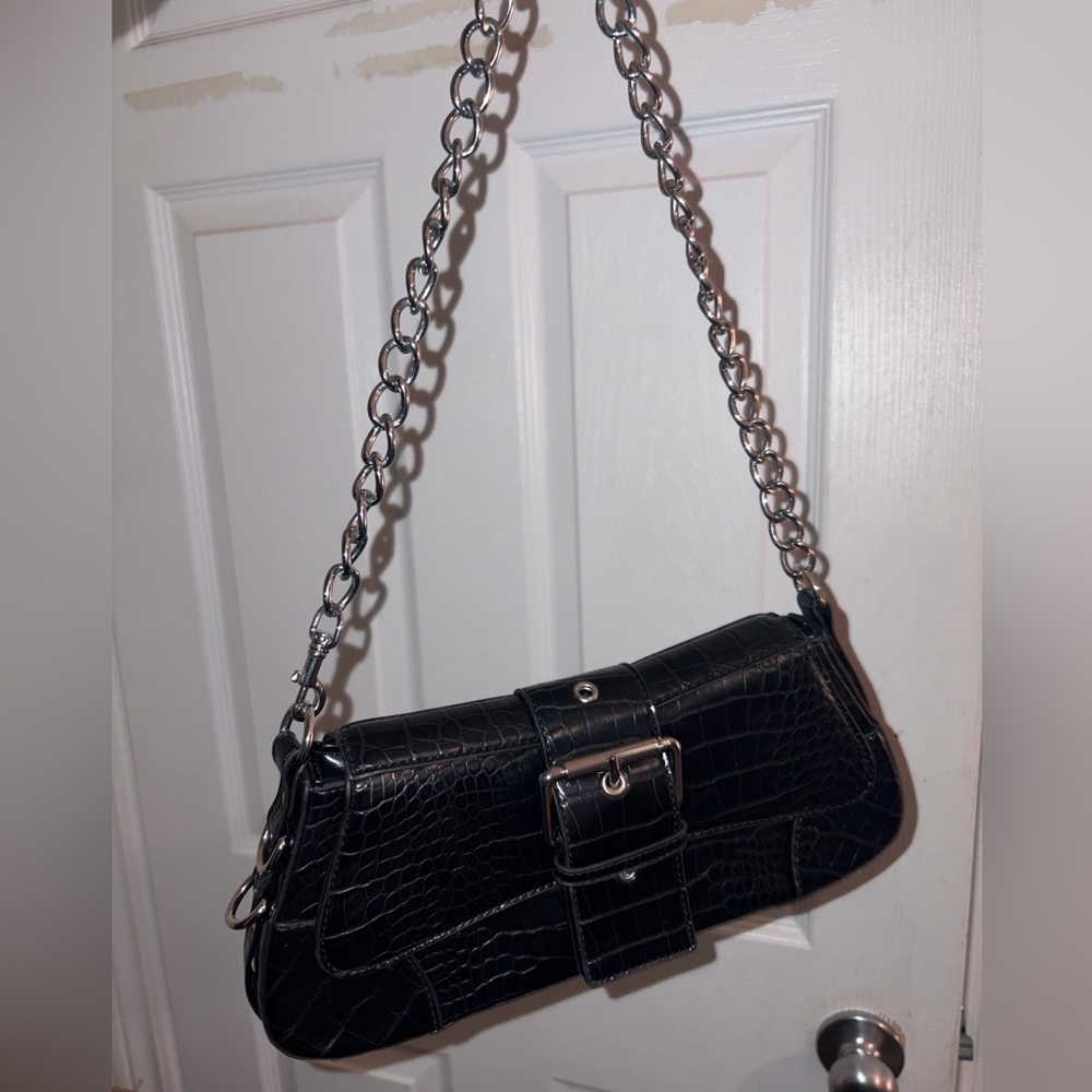 Black Croc-Embossed Shoulder Bag with Silver Chain Strap